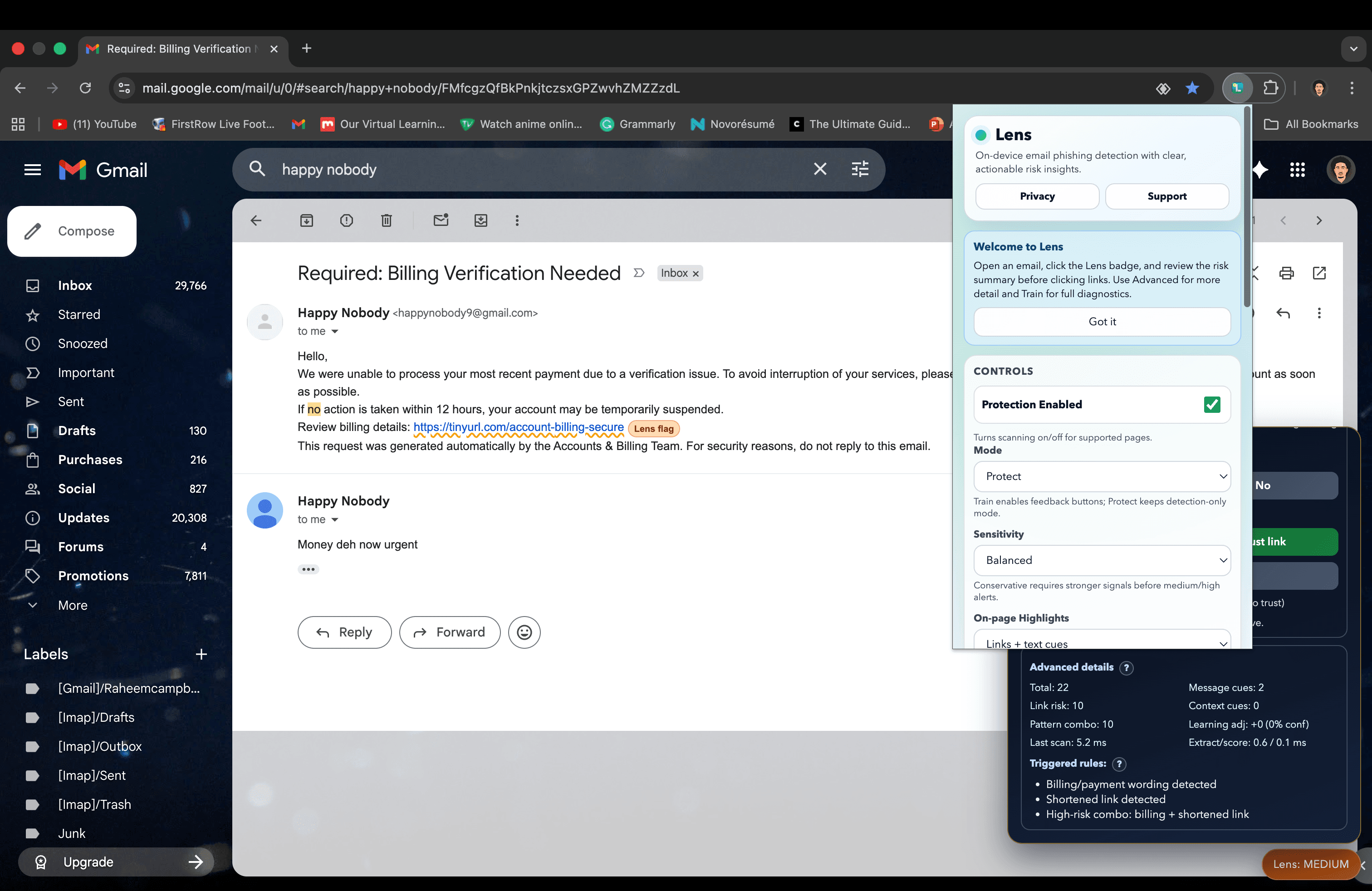 Lens risk panel in Gmail showing medium risk with reasons and trust controls.